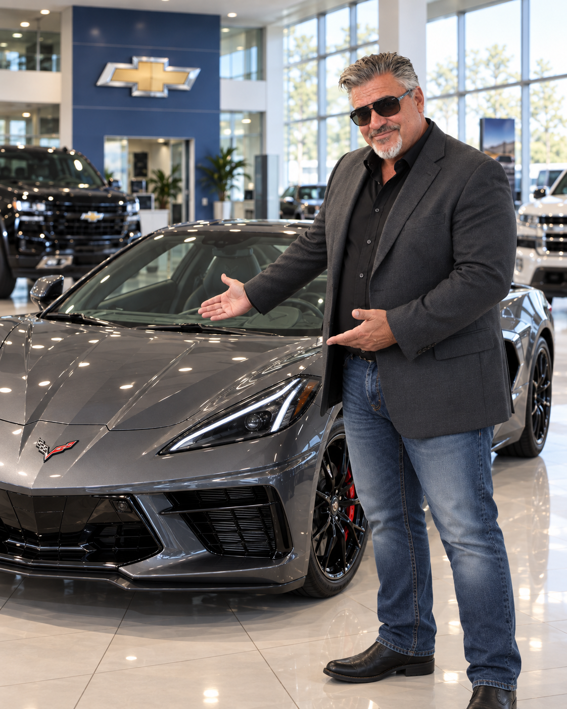 Tom Stokes standing beside a blue Corvette